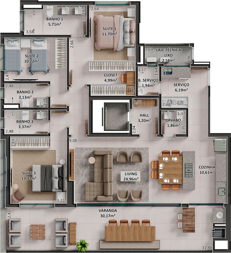 Planta Tipo Personalizada Integração Cozinha - 163 m²