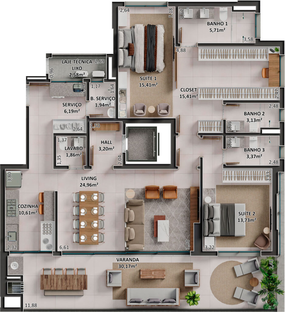 Planta Tipo Personalizada Quarto Extendido - 163 m²